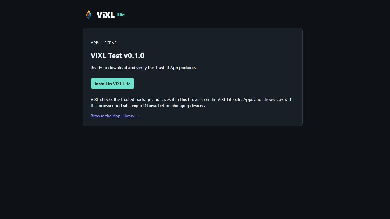 Customer Lite install page for ViXL Test version 0.1.0, with its separate Install in ViXL Lite button